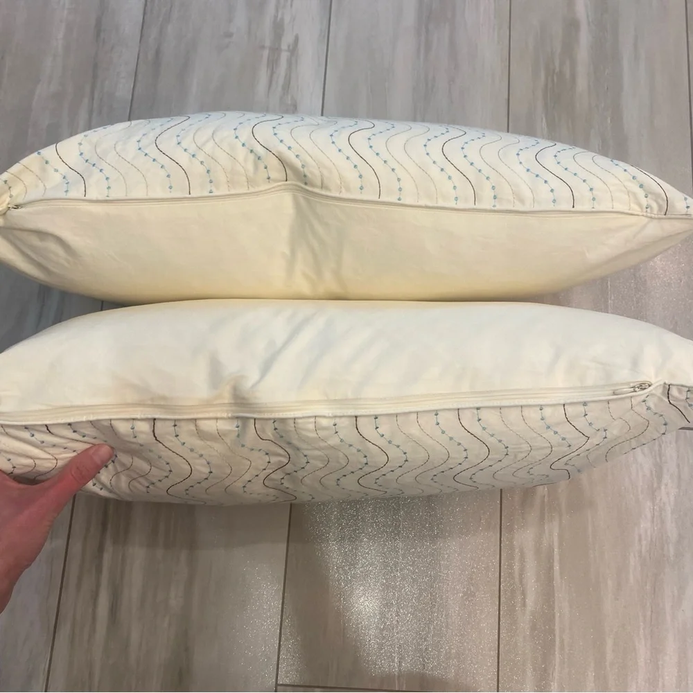 Pair of Cream Rectangle Lumbar Pillows with Blue and Tan Decorative Embroidery